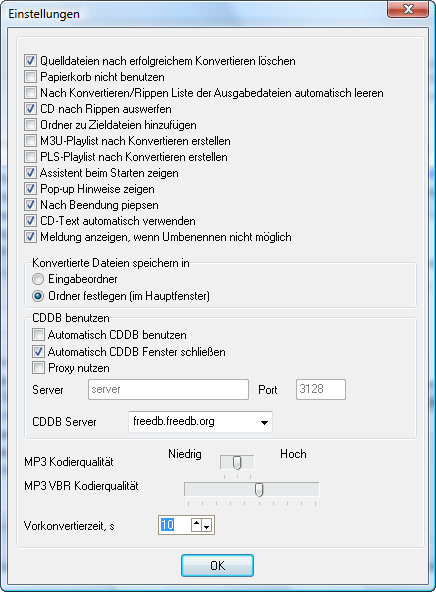 Einstellungen des Audiokonverters